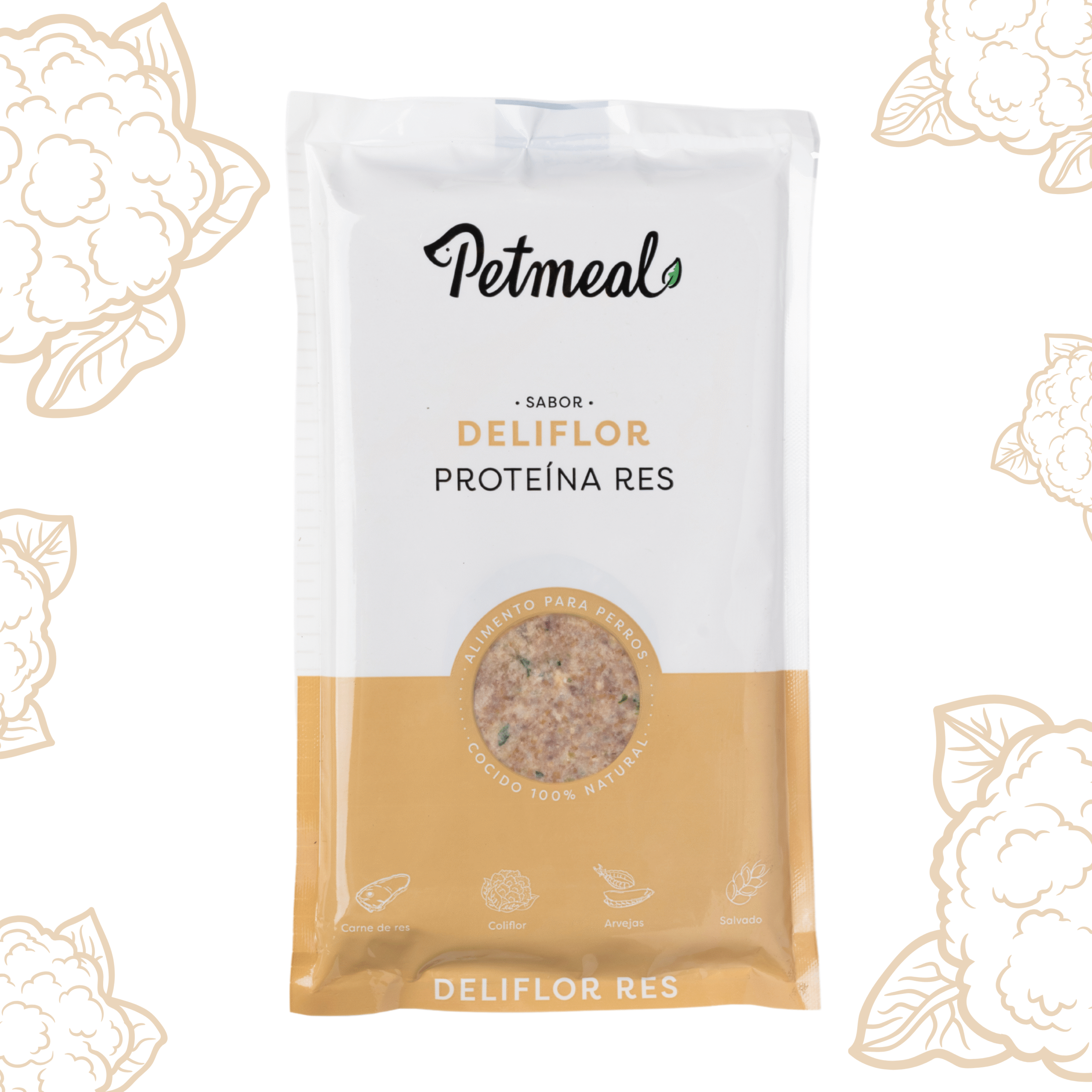 Petmeal – Dieta Cocida Natural Perro Deliflor Res con Coliflor, Arvejas y Salvado (500 g)