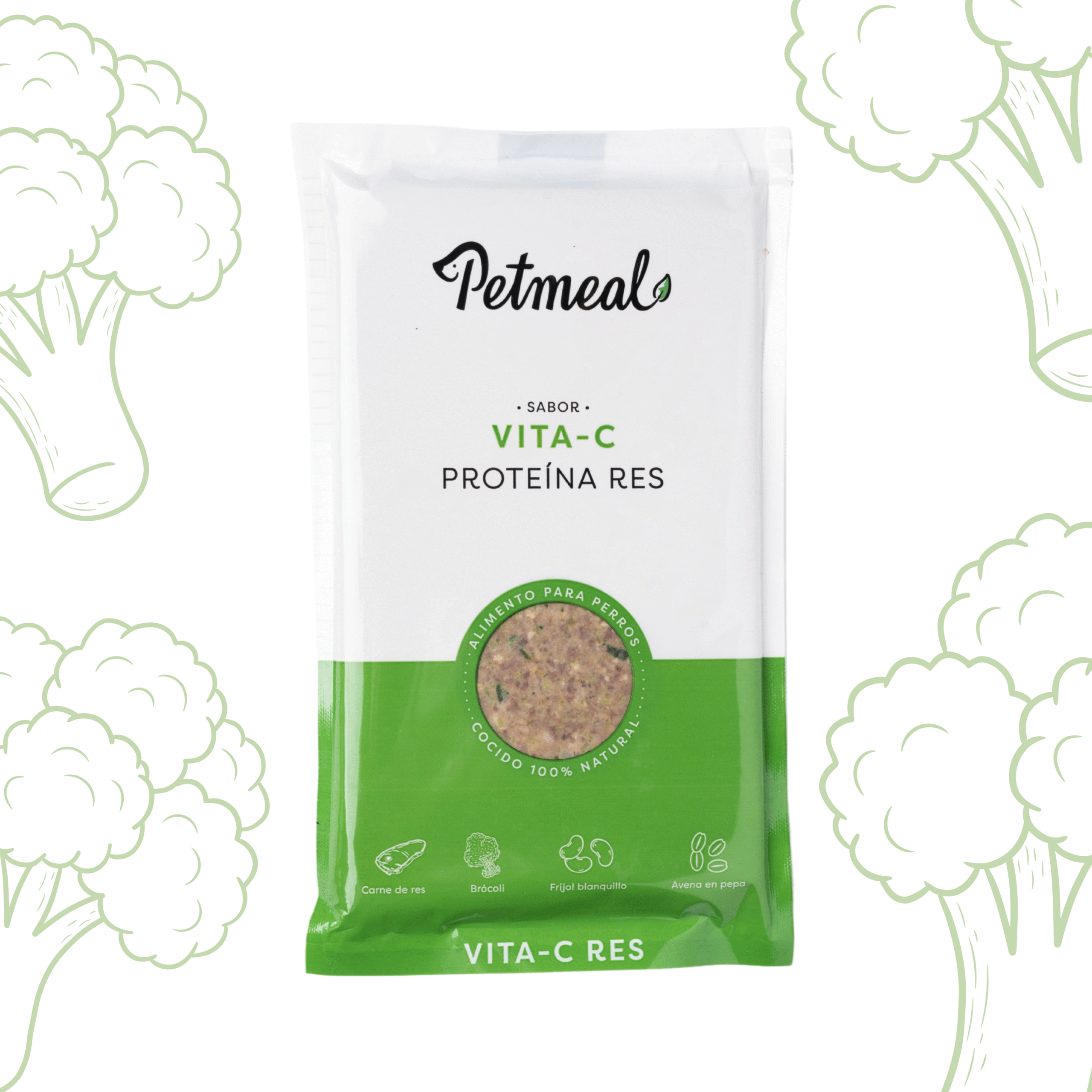 Petmeal – Dieta Cocida Natural Perro Vita C Res con Brócoli, Frijol Blanco y Avena (500 g)