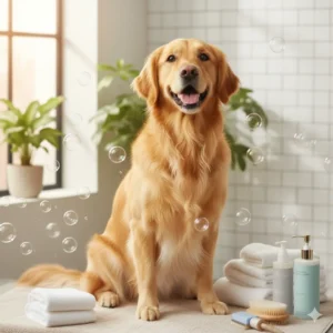 perro feliz en baño y peluquería canina