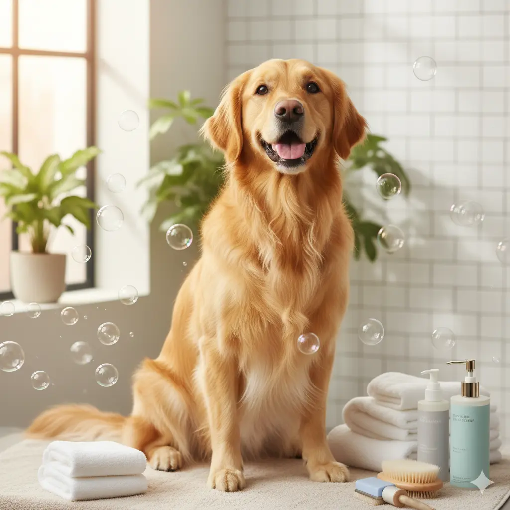 perro feliz en baño y peluquería canina